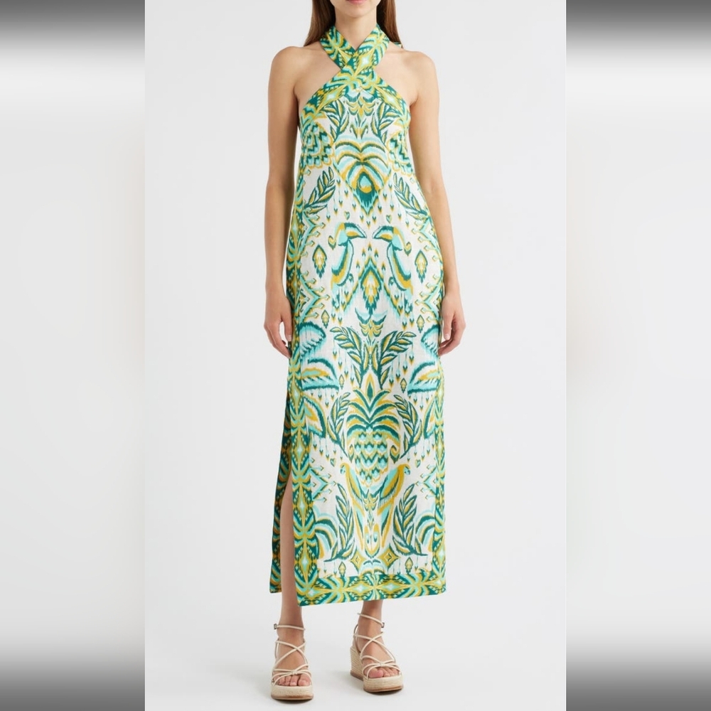 FARM RIO HALTER NECK TROPICAL LINEN MAXI SUNDRESS IN GREEN / SIZE:LARGE - Picture 2 of 16